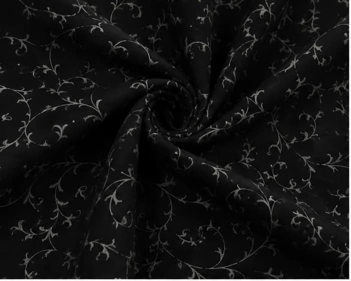 Black Floral Vine Printed Cotton Fabric Texture