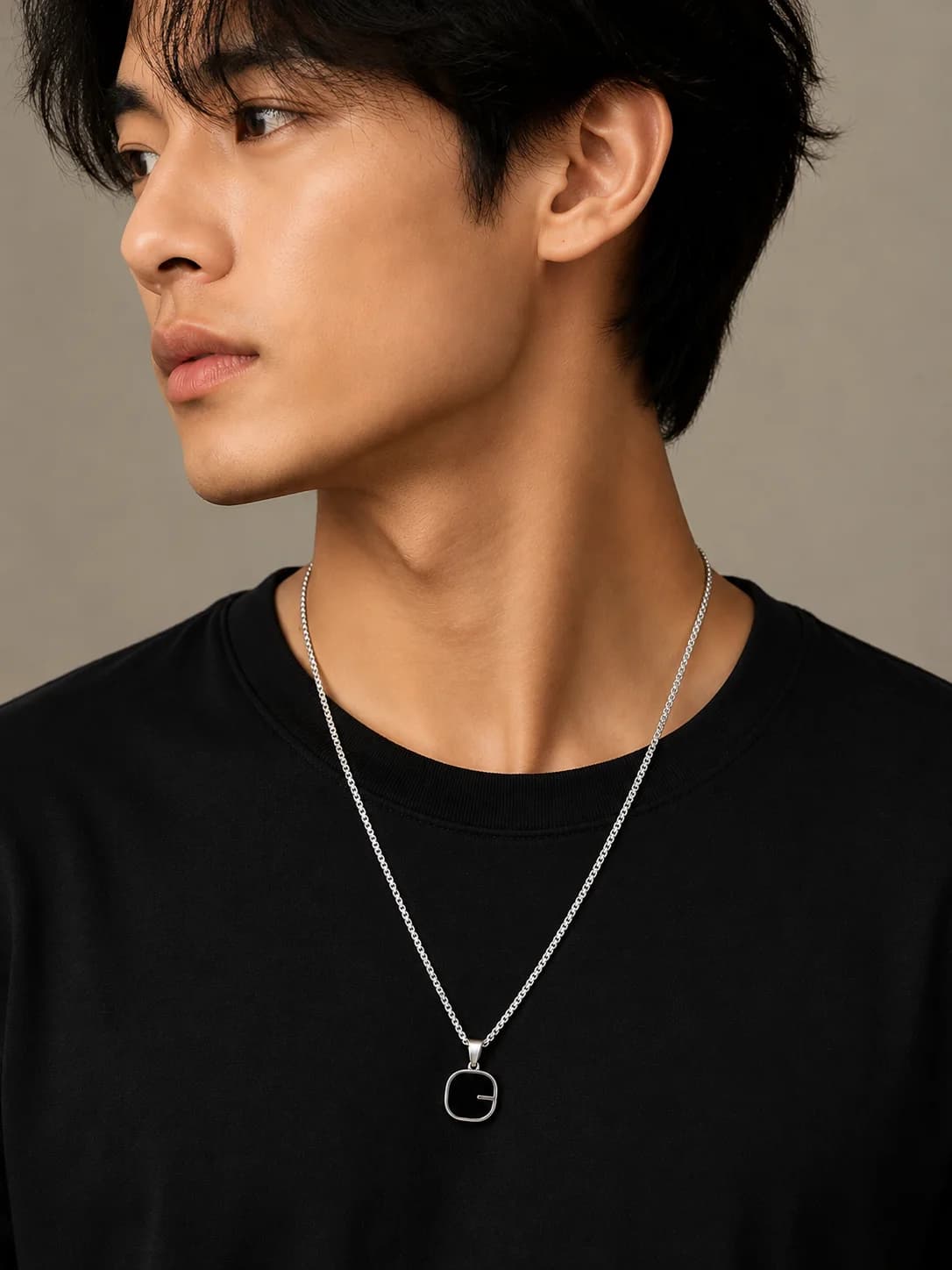 Black Rounded Square Pendant Necklace Front