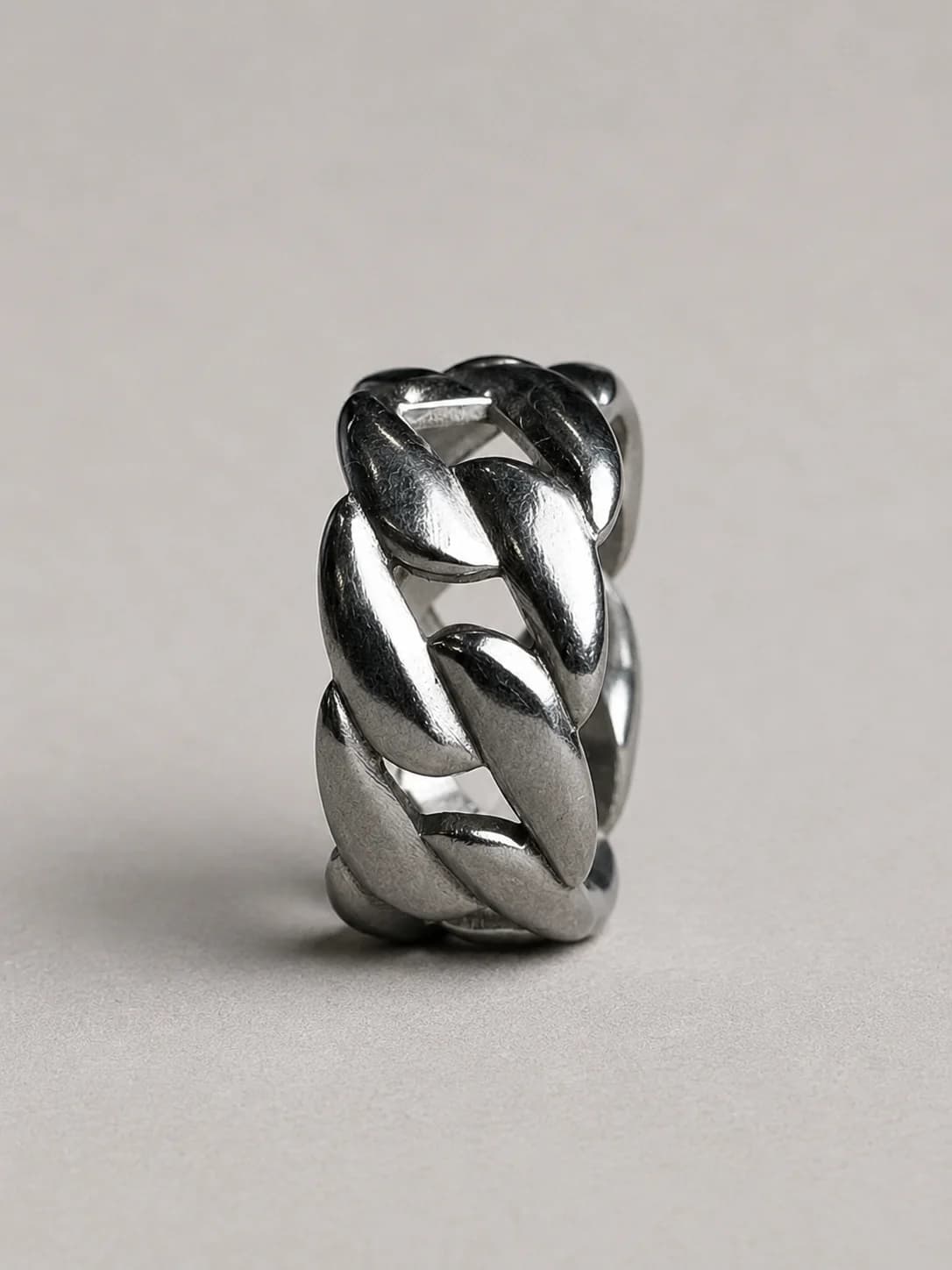 Chunky Cuban Chain Adjustable Ring – Silver Finish Side