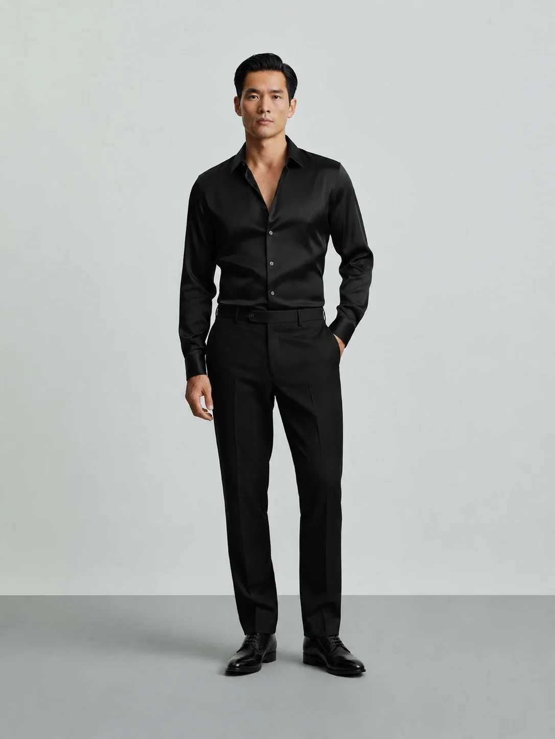 Luxe Black Satin Regular Fit Shirt front