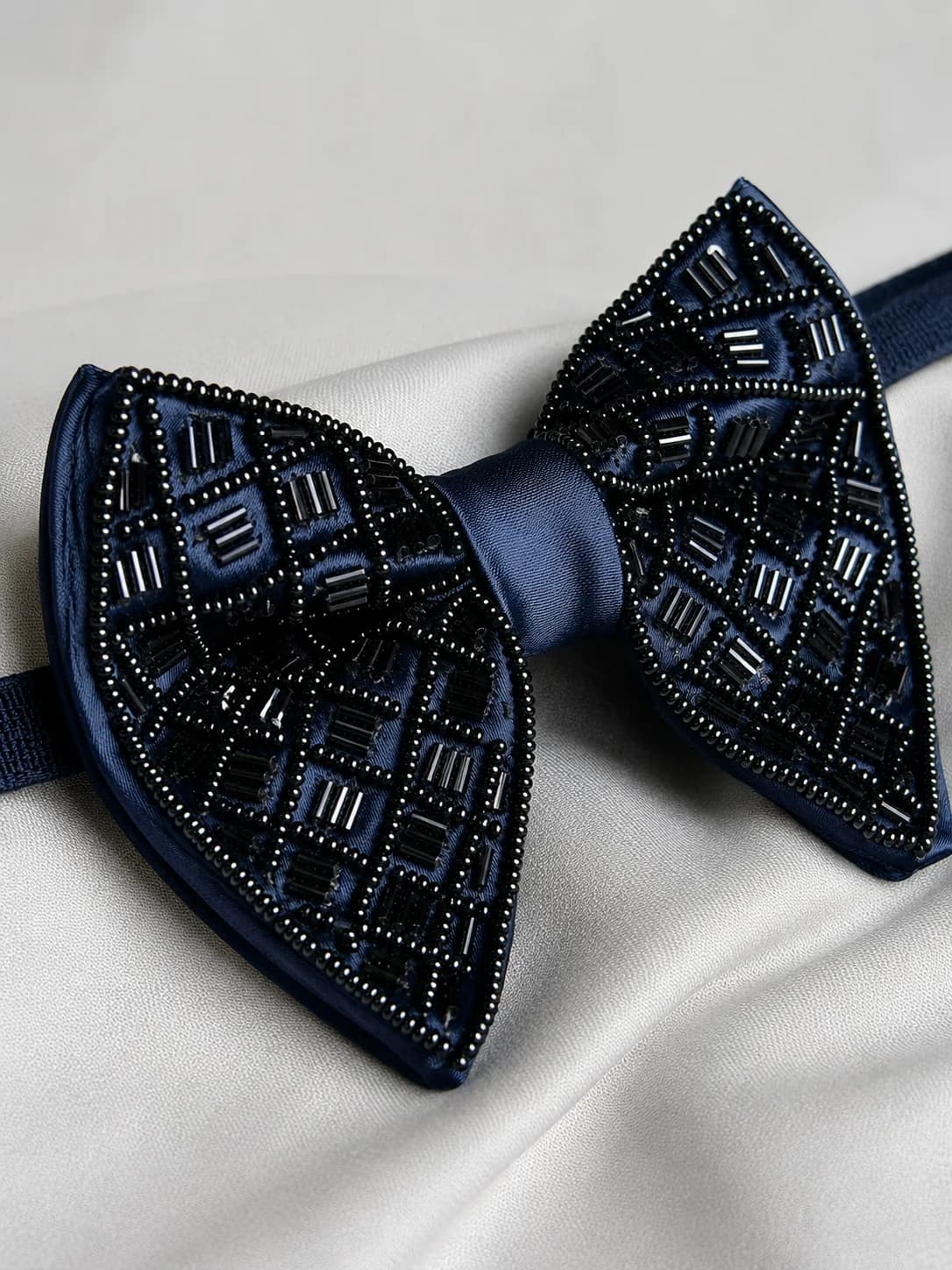 Luxury Hand-Beaded Midnight Blue Bow Tie Side