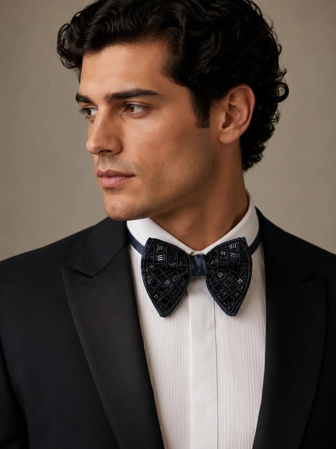 Luxury Hand-Beaded Midnight Blue Bow Tie Front