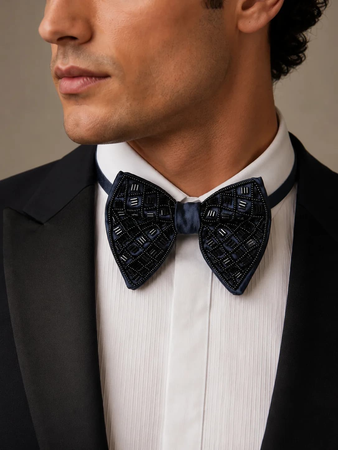 Luxury Hand-Beaded Midnight Blue Bow Tie Overview