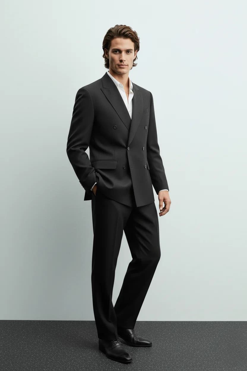 Men's Midnight Black Double-Breasted Premium Suit Side