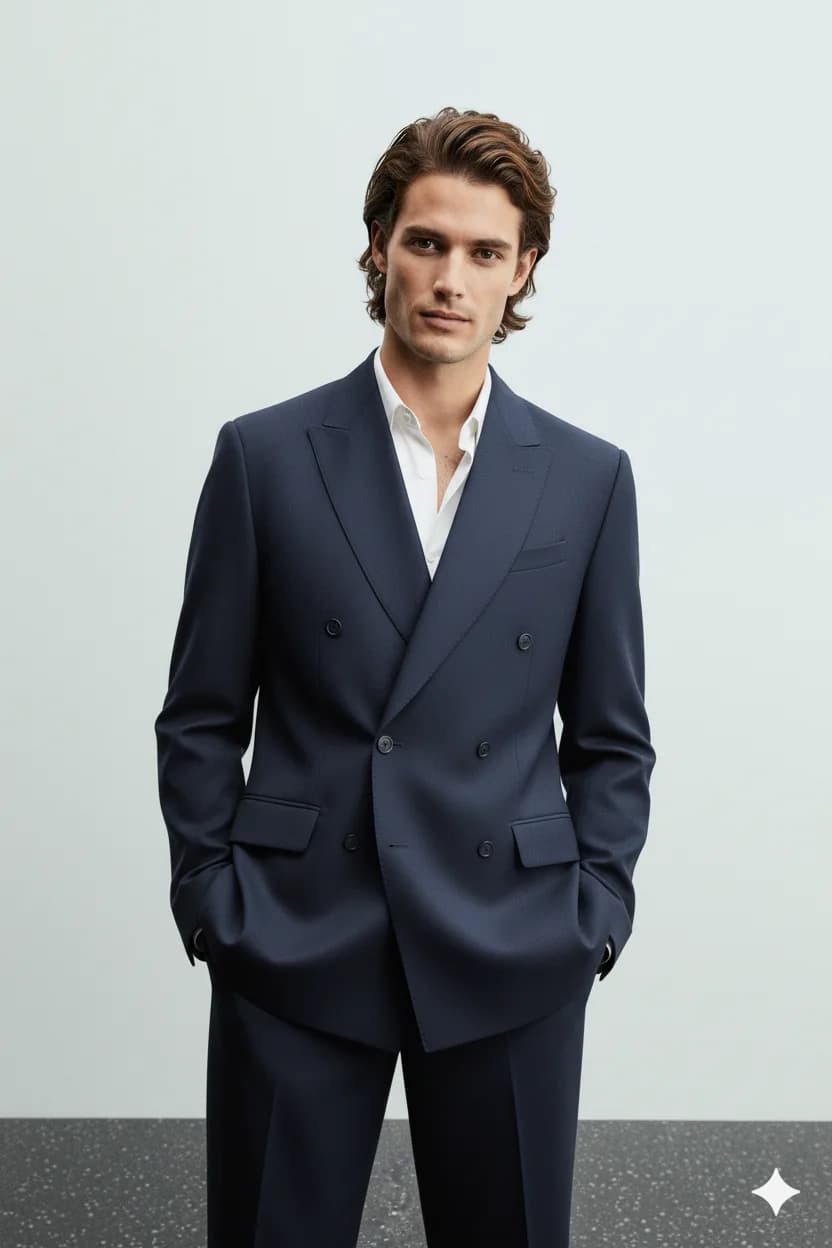 Navy Blue Double-Breasted Tailored Blazer overview