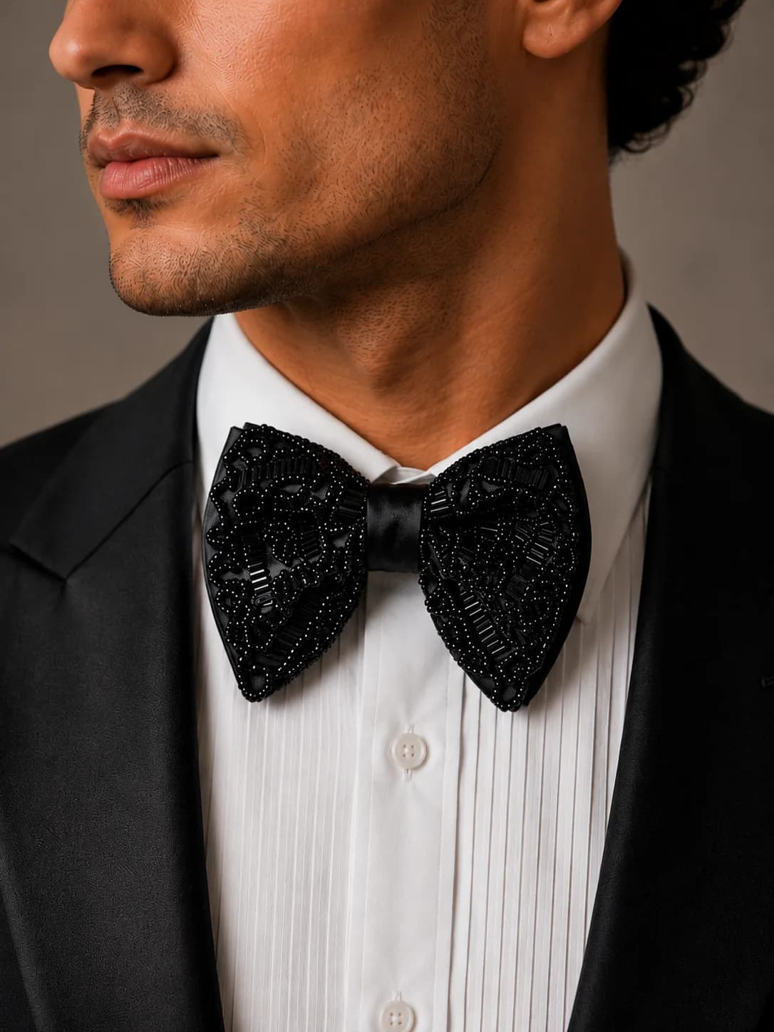 Noir Royale Hand-Embroidered Beaded Bow Tie overview