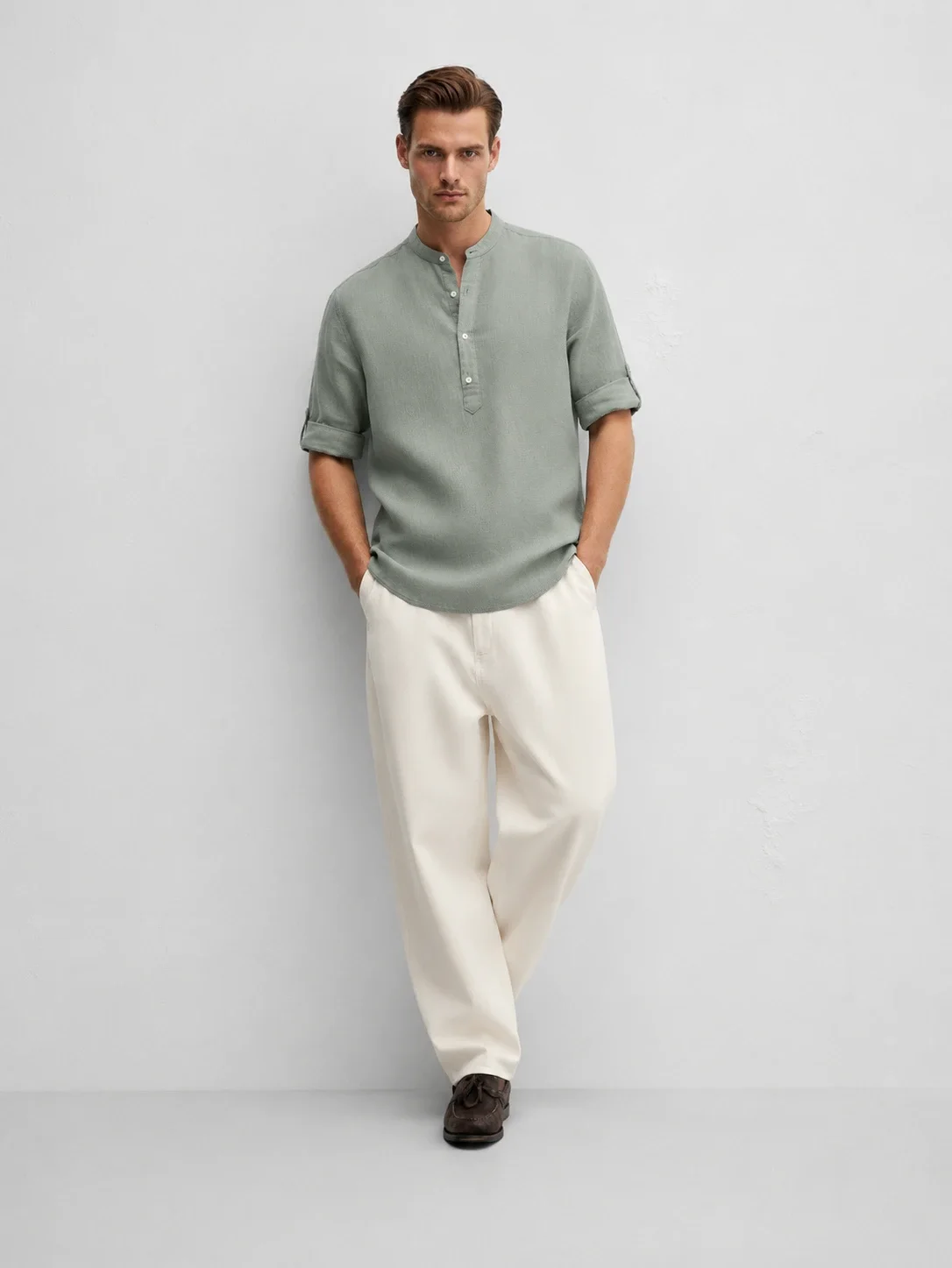 Olive Green Linen Kurta Shirt front