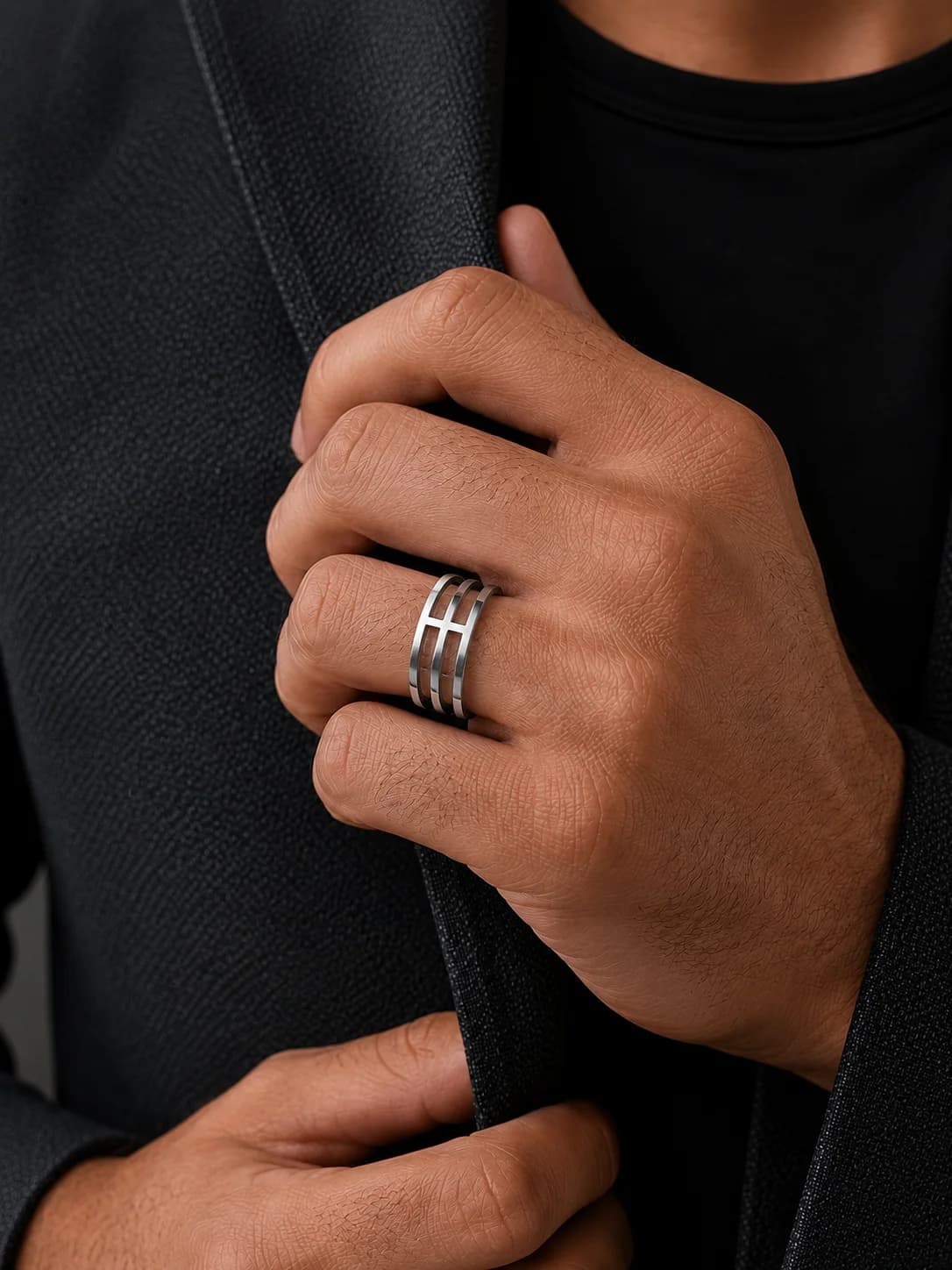 Triple Line Open Band Ring – Silver Finish front